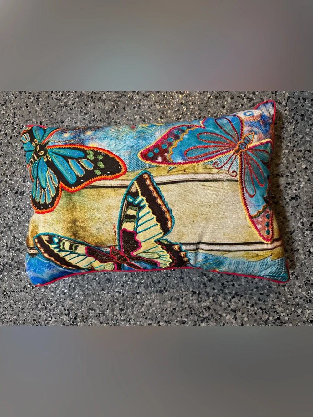 Pier 1 Butterfly Sparkly Accent Throw Pillow Embroidered Colorful 14x20 Garden